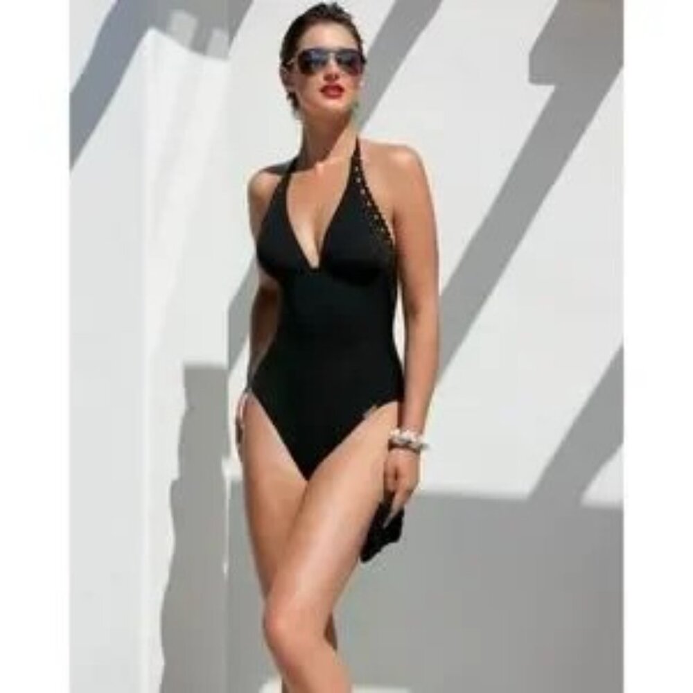 EUC szM Black Lise Charmel Ajourage Couture one-piece swimsuit deep back plunge - Picture 2 of 7